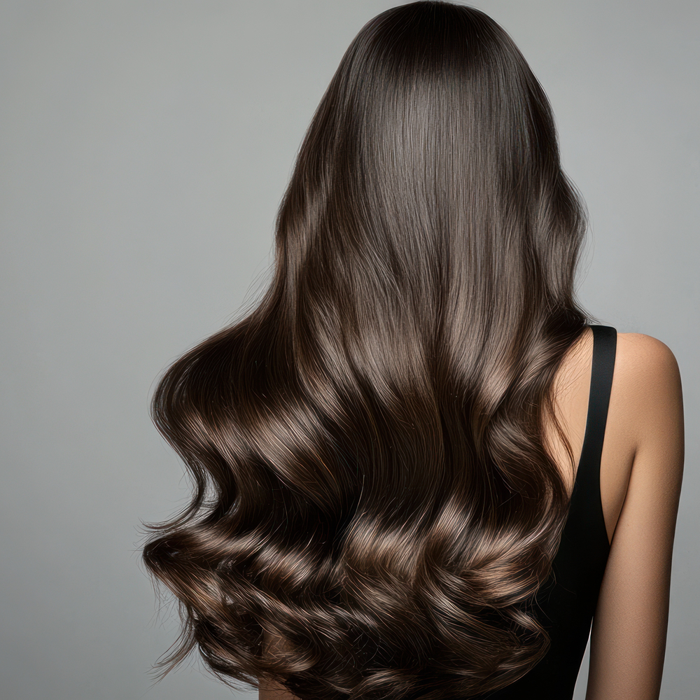 Rich brunette hair with dimensional color and soft waves